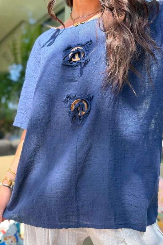 Izi Cheesecloth Button Tee Navy